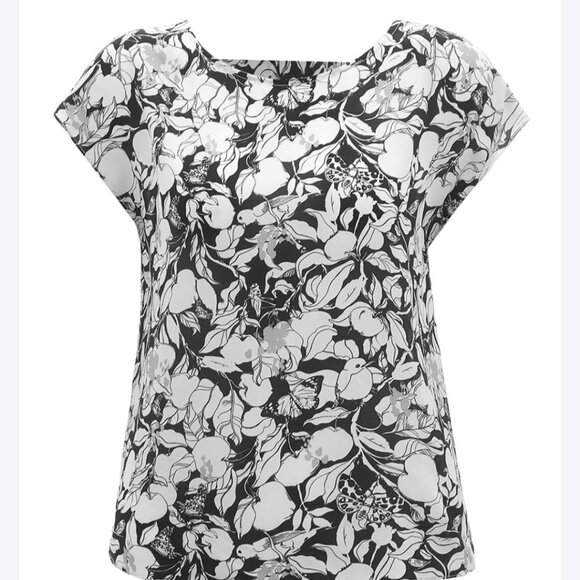 NWT 100% silk cutout back blouse floral birds monochrome and fruit monochrome - Picture 2 of 4